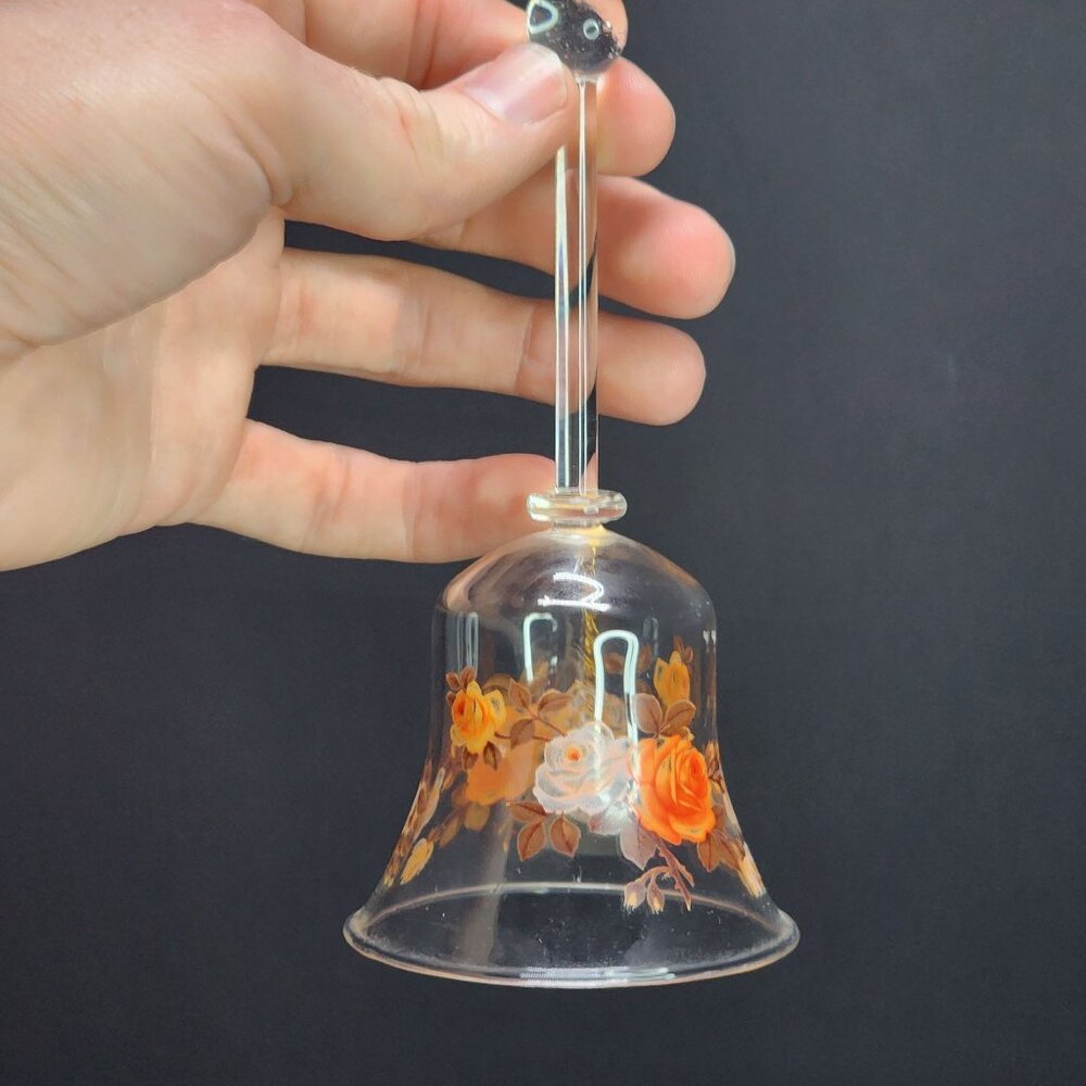 Vintage Hand Blown Crystal Glass Bell Hand Painted Floral Design 6'' Tall